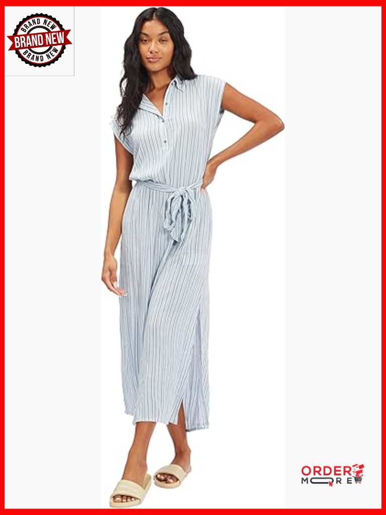 Mid Blue Striped Button Front Midi Dress With Belt